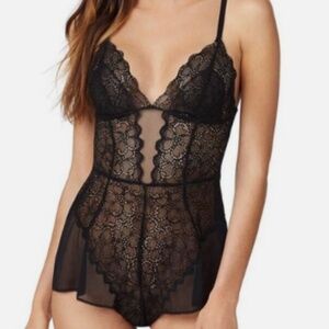DKNY Womens Whimsigoth Black Sheer Lace Teddy Bodysuit Babydoll Romper